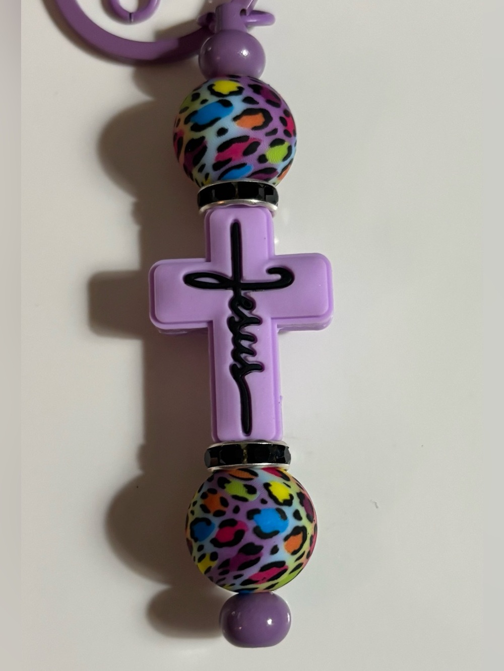 NIP Purple Cross Keychain with Rainbow Leopard Beads